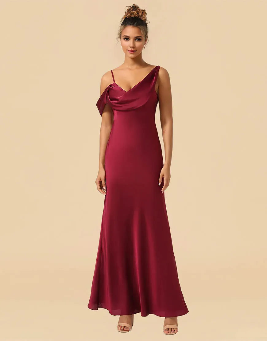 Wholesale Sheath Asymmetrical Shoulder Straps Floor Length Satin Bridesmaid Dress Bridesmaid dress shop